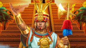 Tela inicial de Golden Empire com templos antigos e gráficos dourados.